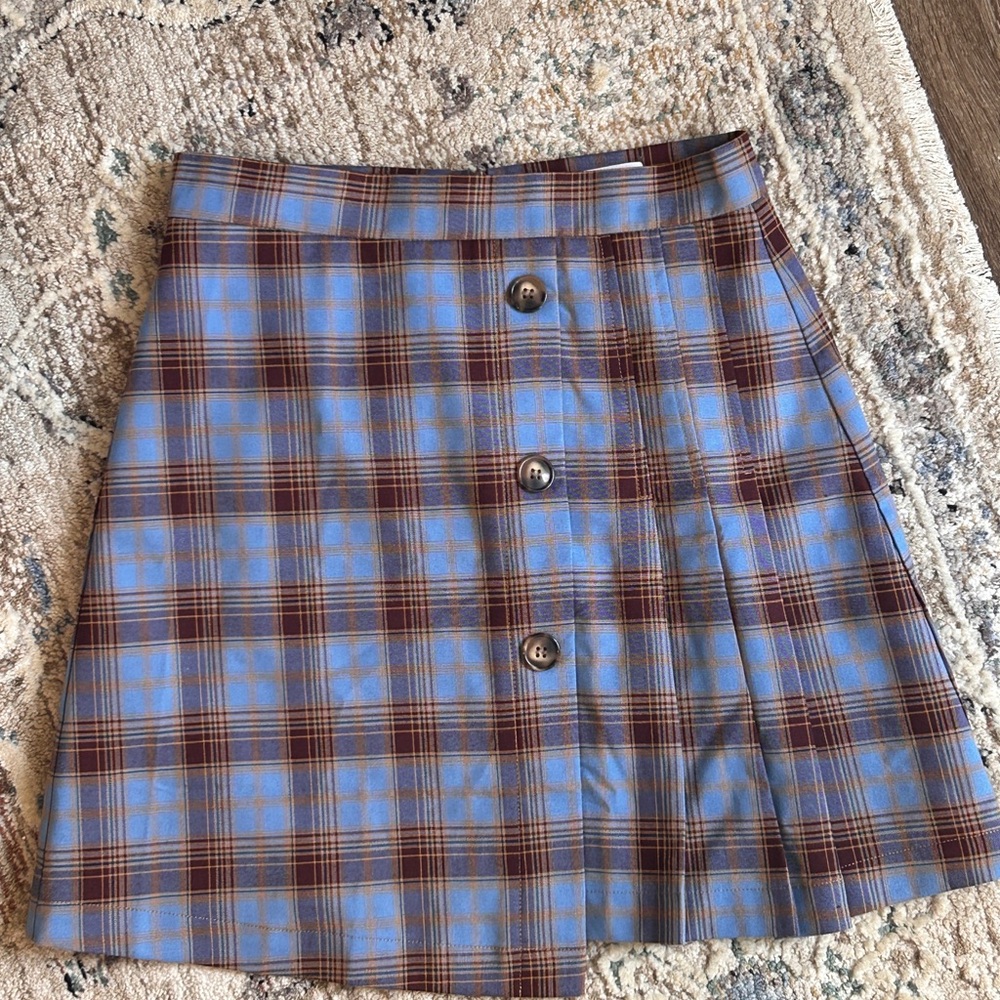 Blue Plaid A-Line Mini Skirt with Button Detail